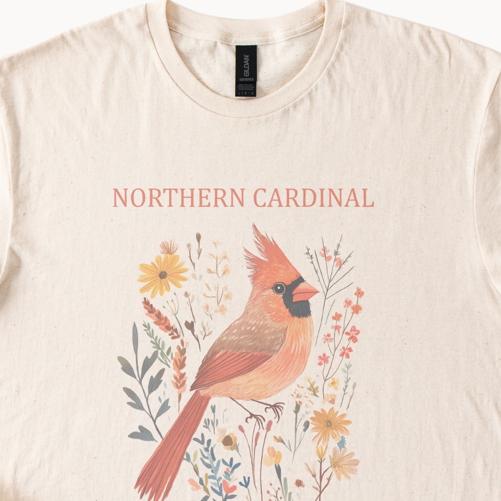 Northern Cardinal Botanical Graphic Tee Natural Watercolor Bird Art